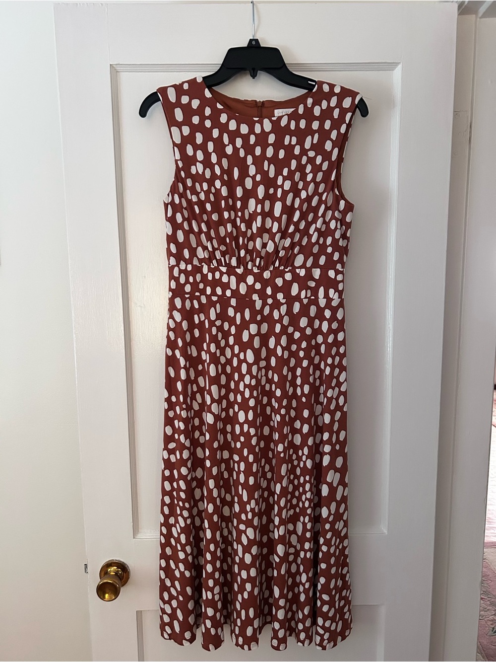 London Times Sleeveless Rust Polka Dot Midi Dress